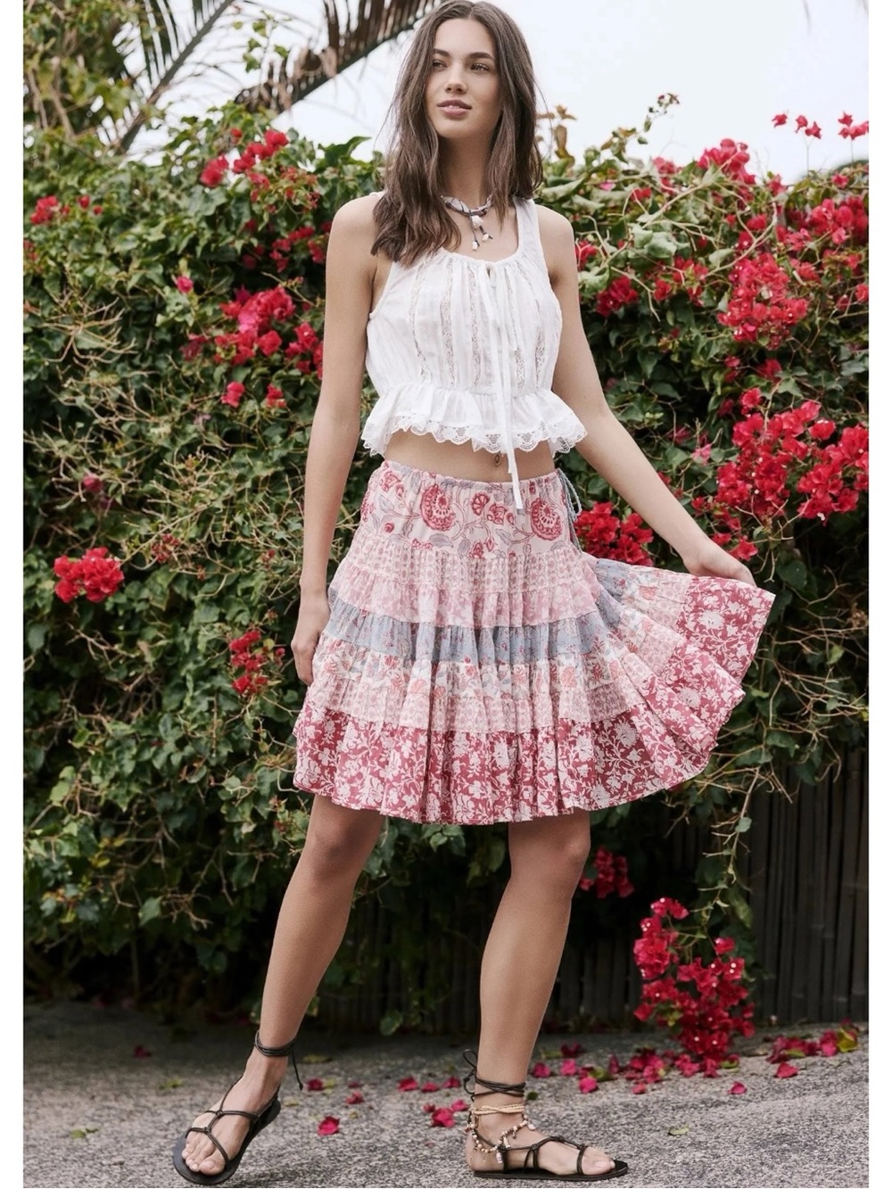 Free People Bohemian 70s Many Layers Printed Twirl Skirt Patchwork Floral Large